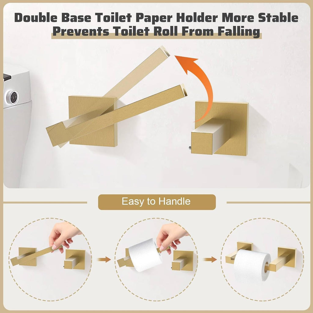 5-Piece Towel Bar Set Brushed Gold Bathroom Hardware Accessories Set Includes Upgraded Double Base Toilet Paper