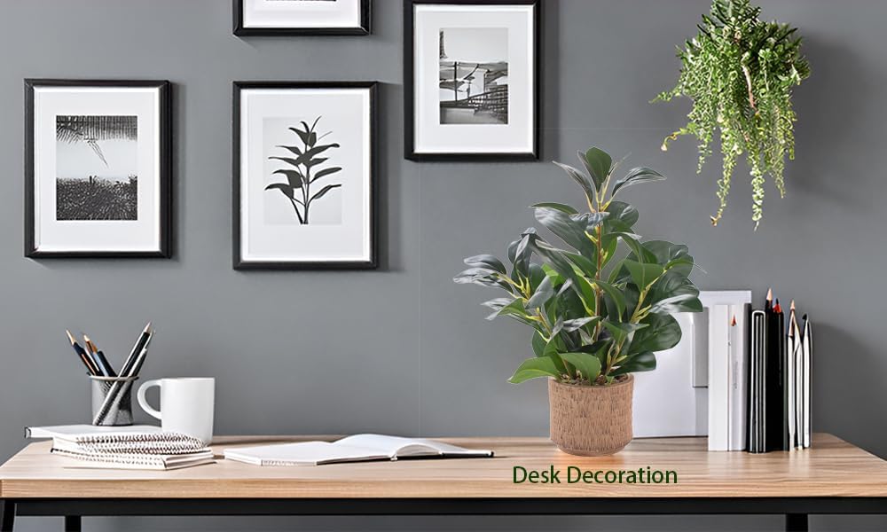 12.6" Fake Plants in Brown Ceramic Vase Realistic Ficus Leaf Faux Plant for Desk Book Shelf Bathroom Office Kitchen
