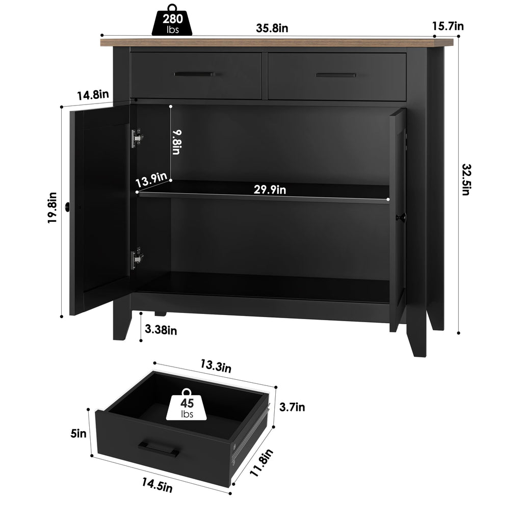 Farmhouse Kitchen Storage Cabinet, Small Buffet, Coffee Bar, Black