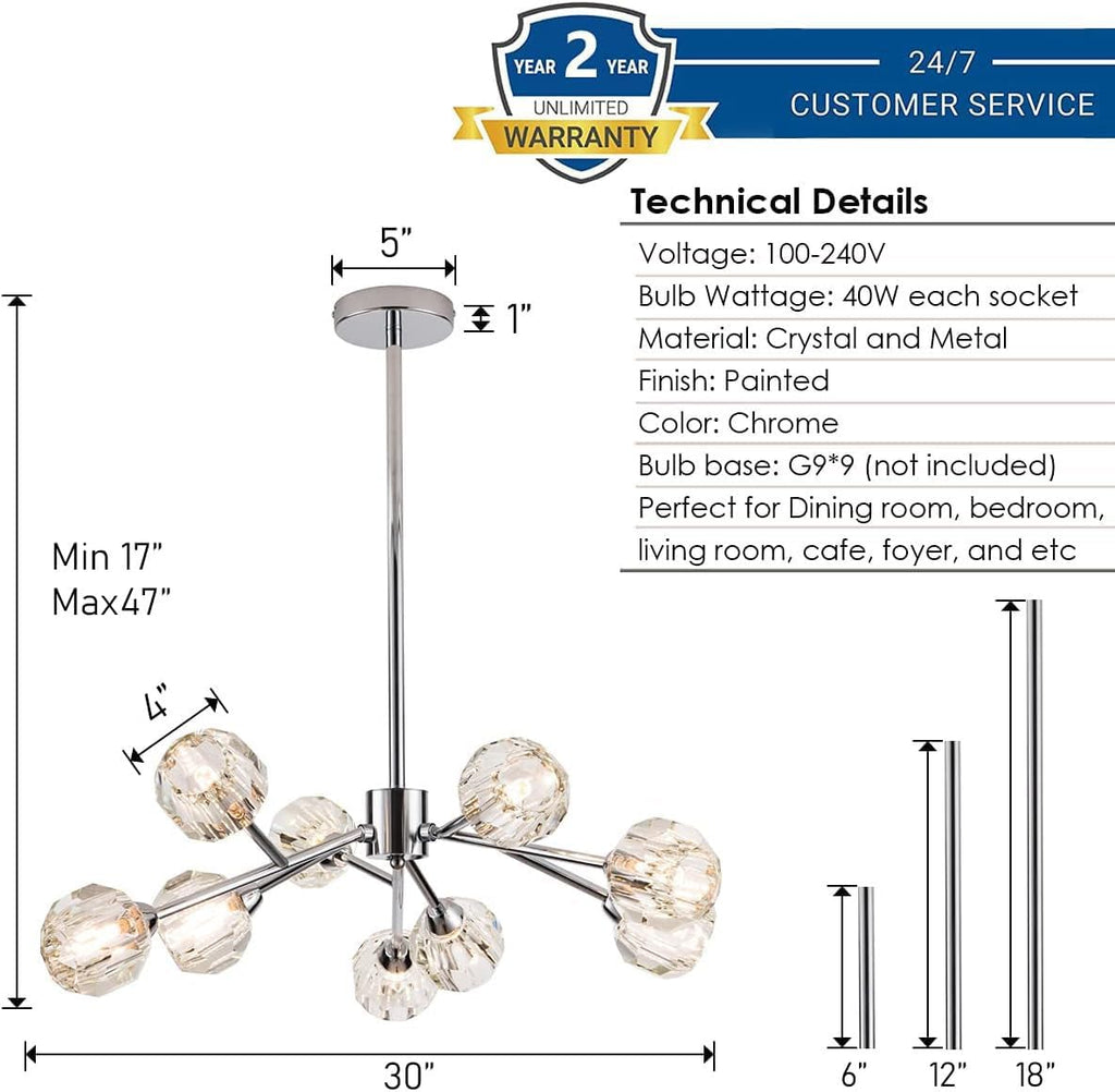 Sputnik Chandeliers for Dining Room Light Fixture Over Table, Modern Crystal Chandeliers, 9 Lights Chrome Lighting Fixtures for Living Room Bedroom Kitchen Island Bar
