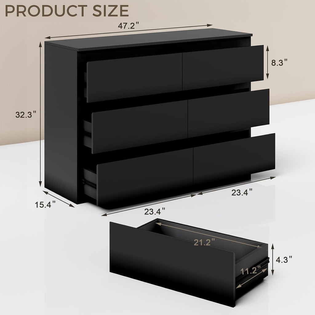 6 Drawer Dresser , 47" Wide Black Wood Chest for Storage | Multi-Functional Storage Organizer, Modern High Gloss