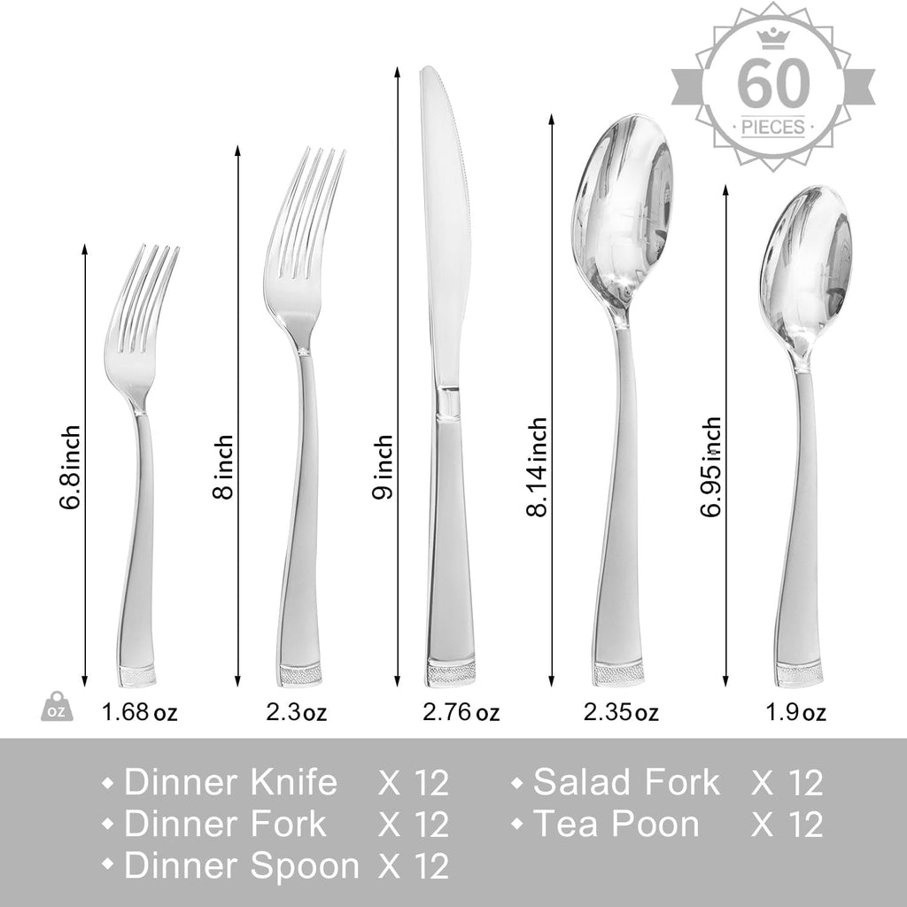Silverware Set, 60-Piece Flatware Set for 12, 18/10 Stainless Steel Cutlery Set with Bead Edge, Utensil