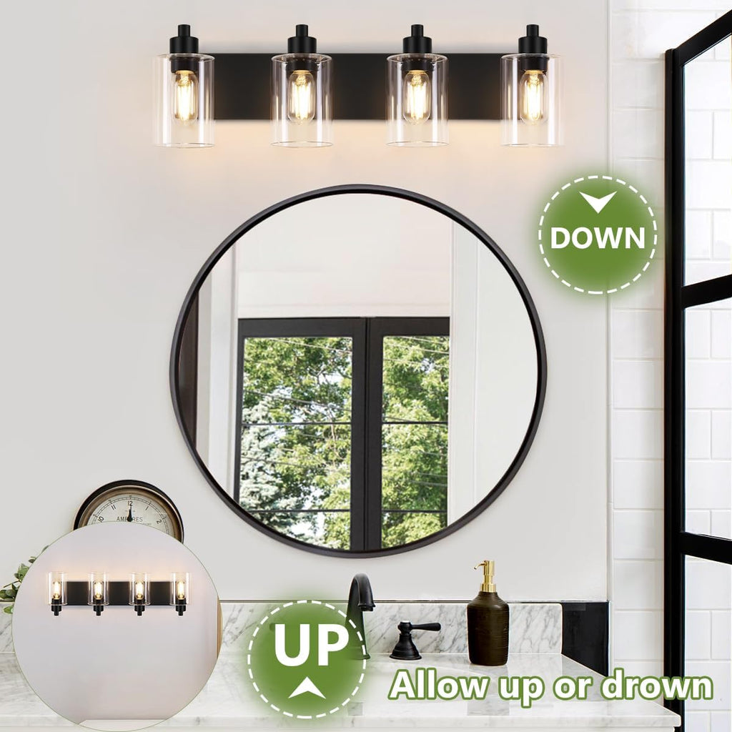 Bathroom Vanity Light, Modern Matte Black 4-Light Bathroom Lights Over Mirror with Clear Glass Shade,Wall Sconces