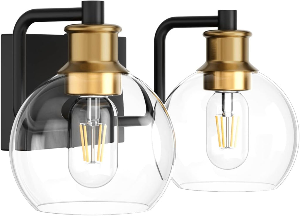 2 Lights Vintage Bathroom Vanity Light Fixtures Over Mirror Black & Gold Industrial Vanity Lights with Globe Clear