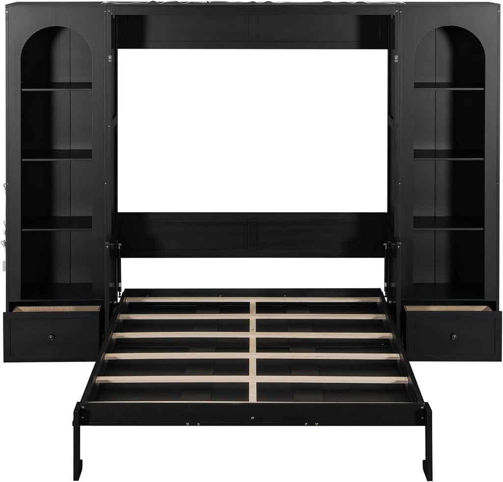Queen Murphy Bed with Desk and Storage Bookcase & LED Light, Solid Wood Murphy Wall Bed with Storage Shelves and Drawers for Adults Bedroom Office (Queen,Black W/LED)
