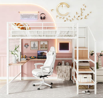 Full Loft Bed with Desk and Wardrobe and Storage Stairs, Loft Beds for Adults, Kids, Teens Metal, White