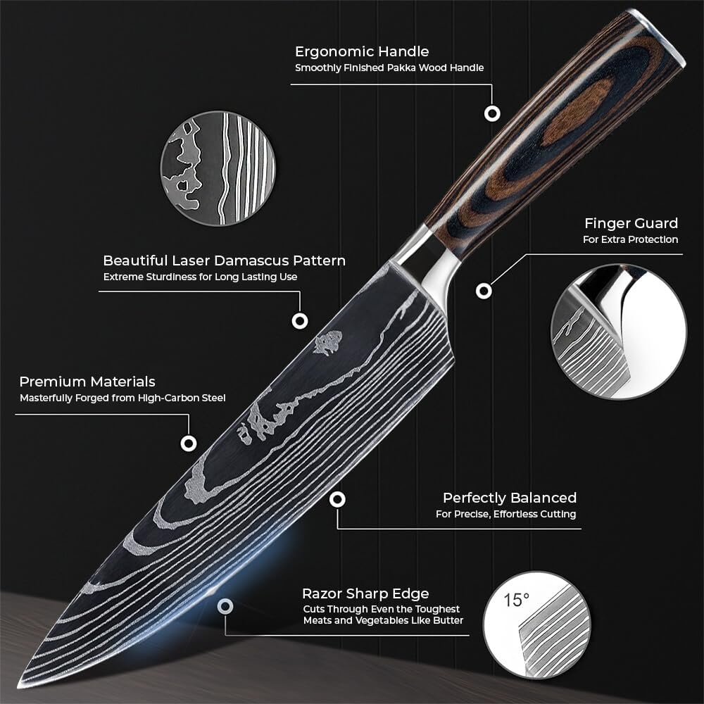 8-piece Premium Japanese Kitchen Knife Set with Laser Damascus Pattern - Imperial Collection - Chef's Knife, Santoku