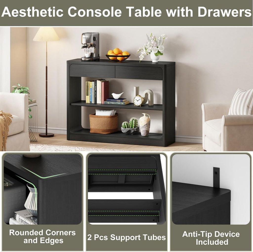 Console Table with 2 Drawers, 43.3 Inch Farmhouse Narrow Entryway Table with Storage Shelves, Rustic Sofa Tables
