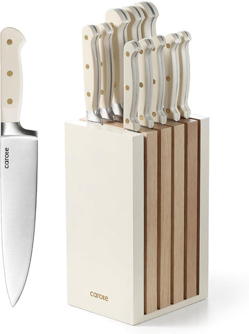 11-Piece Kitchen Knife Set with Magnetic Wood Block, Beige | Razor-Sharp Stainless Steel Knives, Long-Lasting