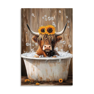 Highland Cow Canvas Wall Art: Sunflowers Farmhouse Artwork, Cow Pictures Bathroom Decor Ready to Hang 16x24inch