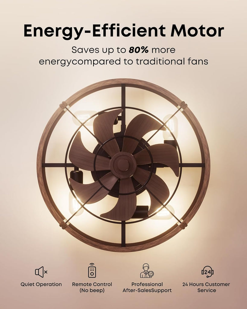 Caged Ceiling Fan with Light and Remote, 20" Low Profile Flush Mount Ceiling Fans with Light, 6 Speed, Timing