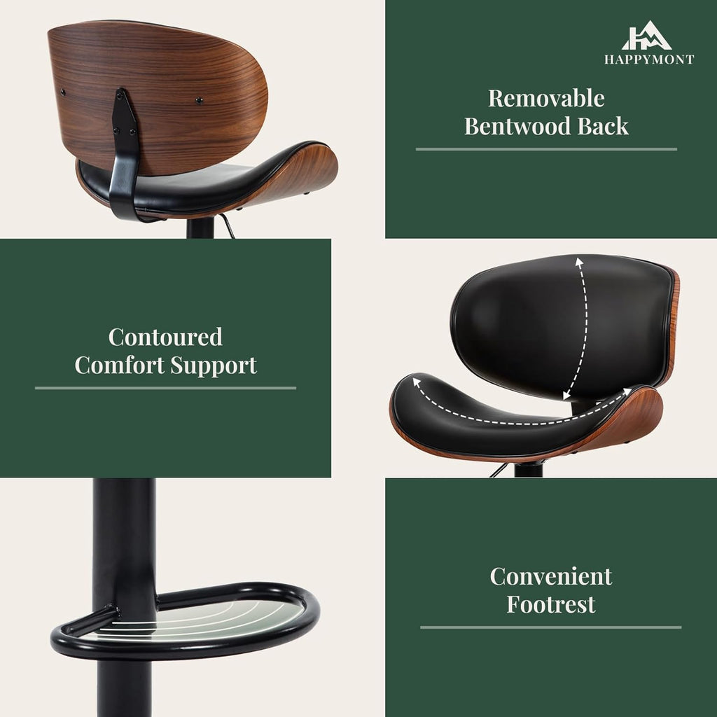 Swivel Bar Stools Set of 4 with Removable Back, Adjustable Height 37-45 Inch Bentwood Barstools, PU Leather