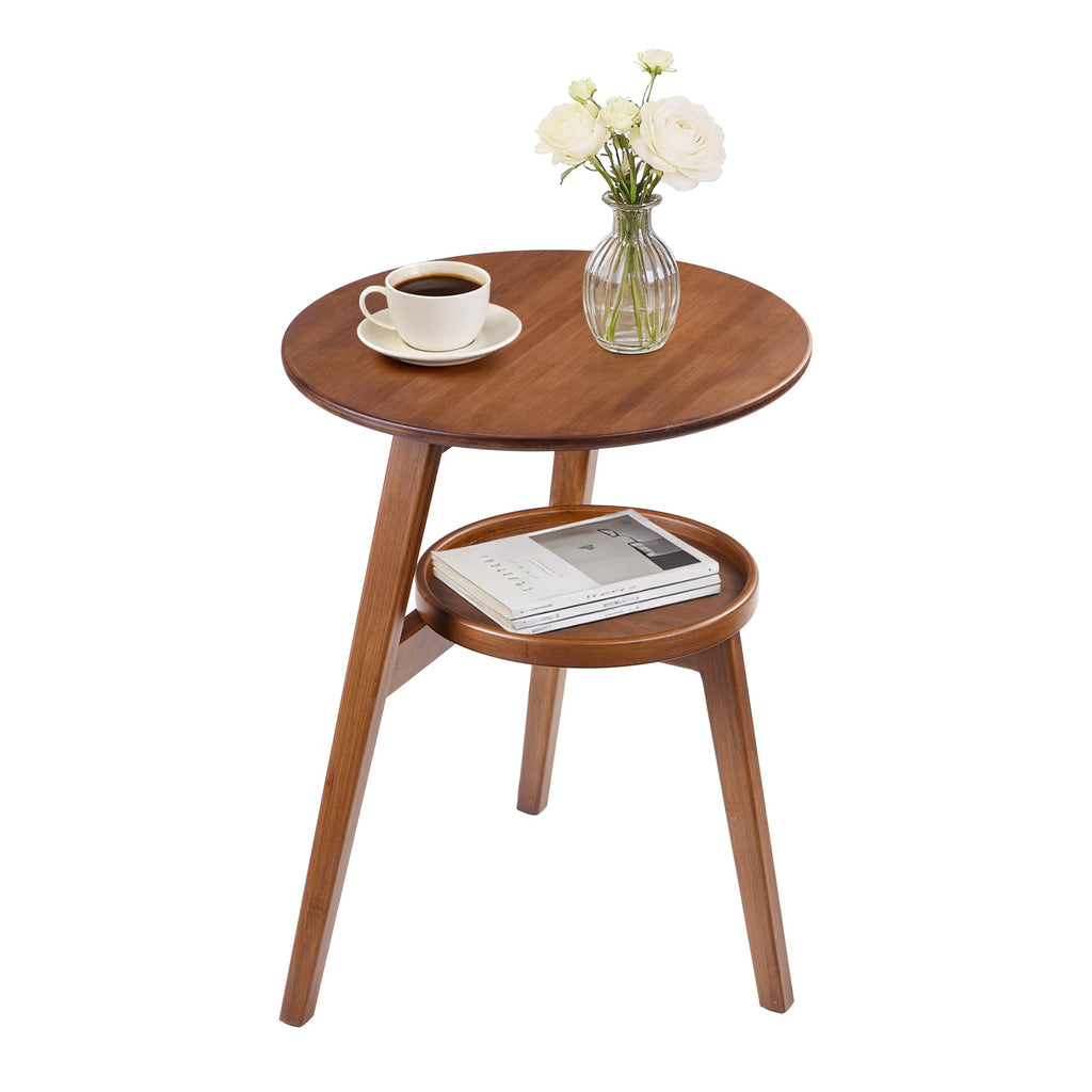 2-Tier Round Bamboo Side Table, Mid Century Modern