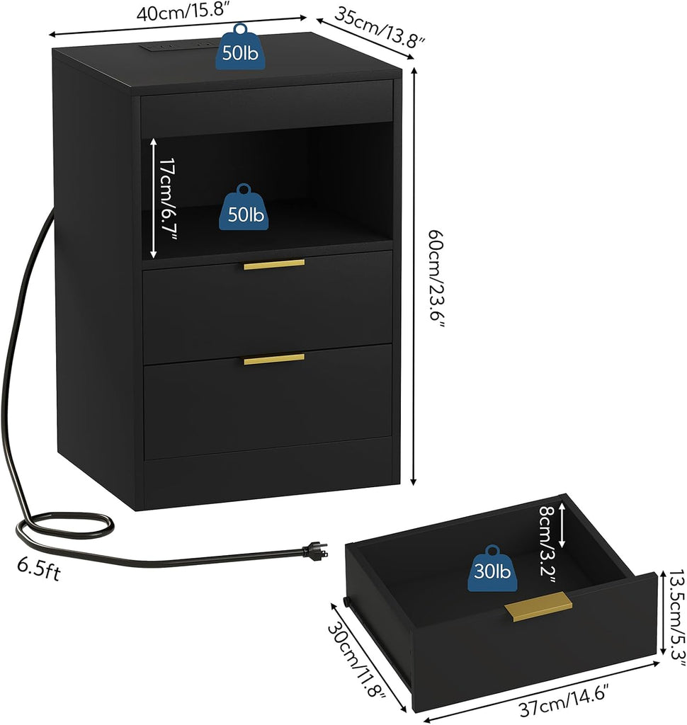 Night Stand, Black Nightstand, LED Nightstand with Charging Station, Modern Night Stand, Bedside Table, Wood Sofa