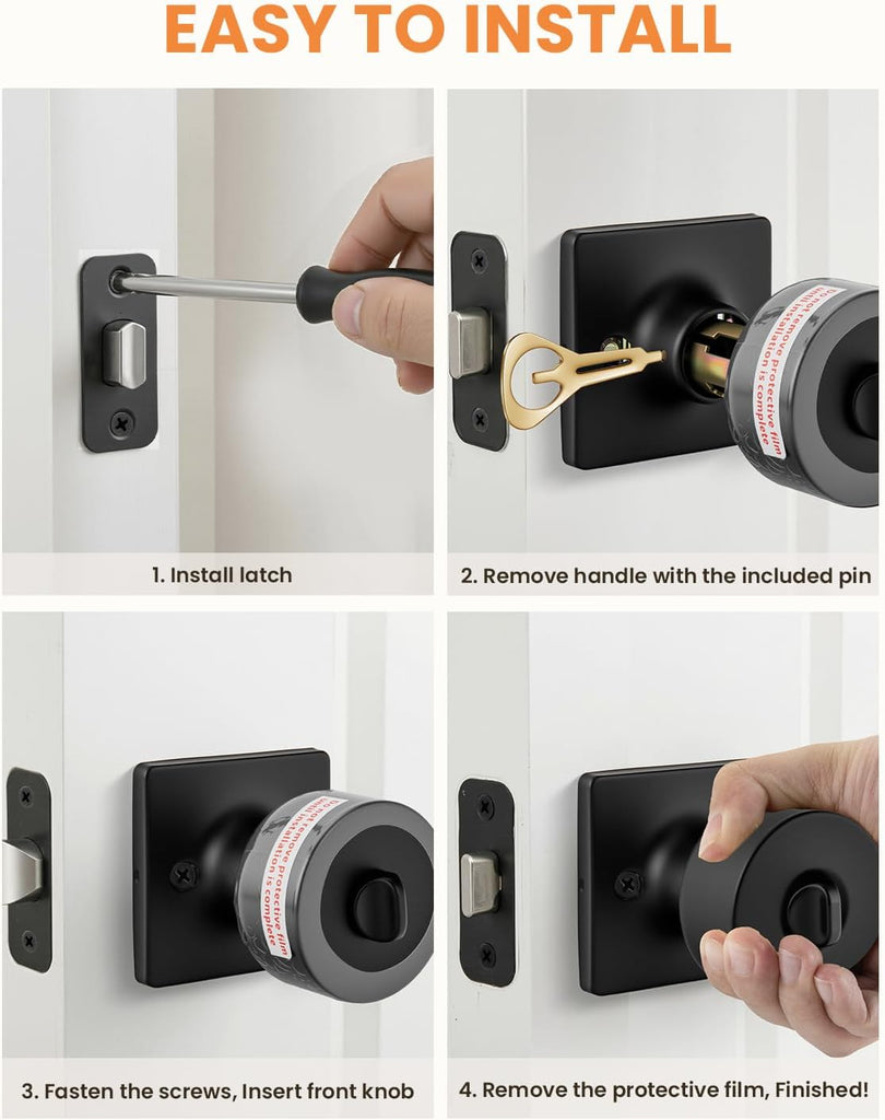 Matte Black Door Knobs Interior, Privacy Door Knob Bathroom, Black Door Knobs with Emergency Release