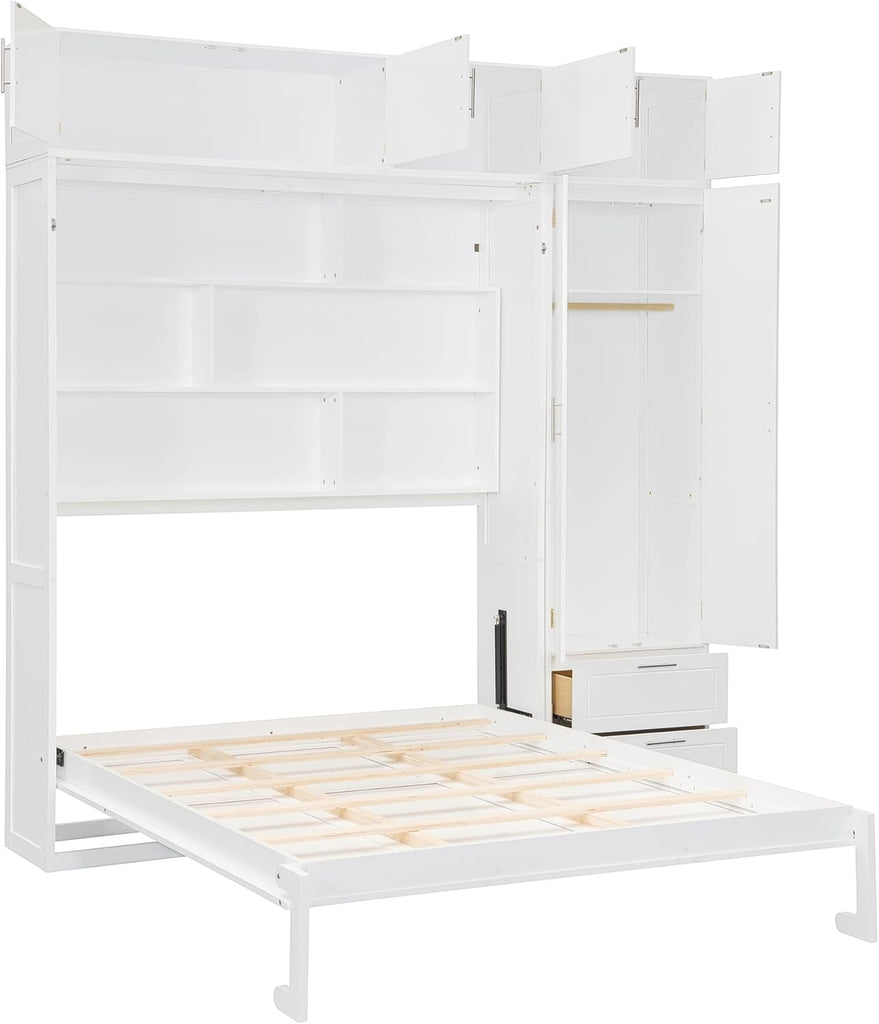 Queen Murphy Bed with Top Cabinet, Shelves and Wardrobe, Fold into The Wall, Space-Saving Design, Multifunctional