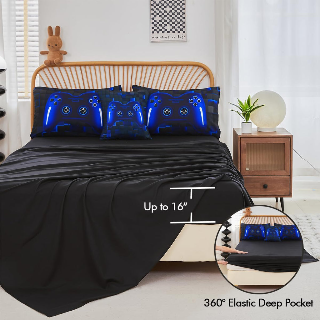 Bed in A Bag 6 Pieces Gaming Bedding Set for Boys Blue Gamer Comforter with Sheet Set for Kids Teen Cool Video