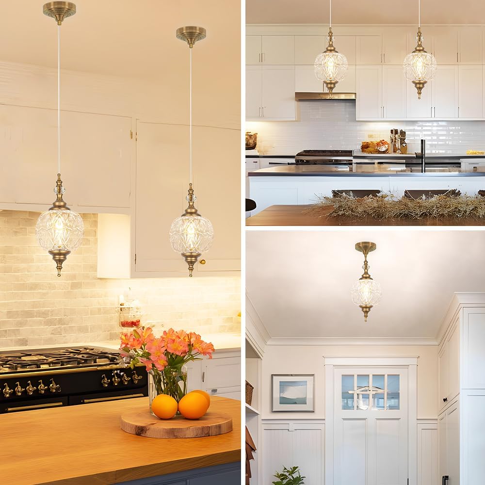 Vintage Pendant Lights Kitchen Island Set of 2, Brass Bathroom Pendant Light with Small Detachable Glass, Modern