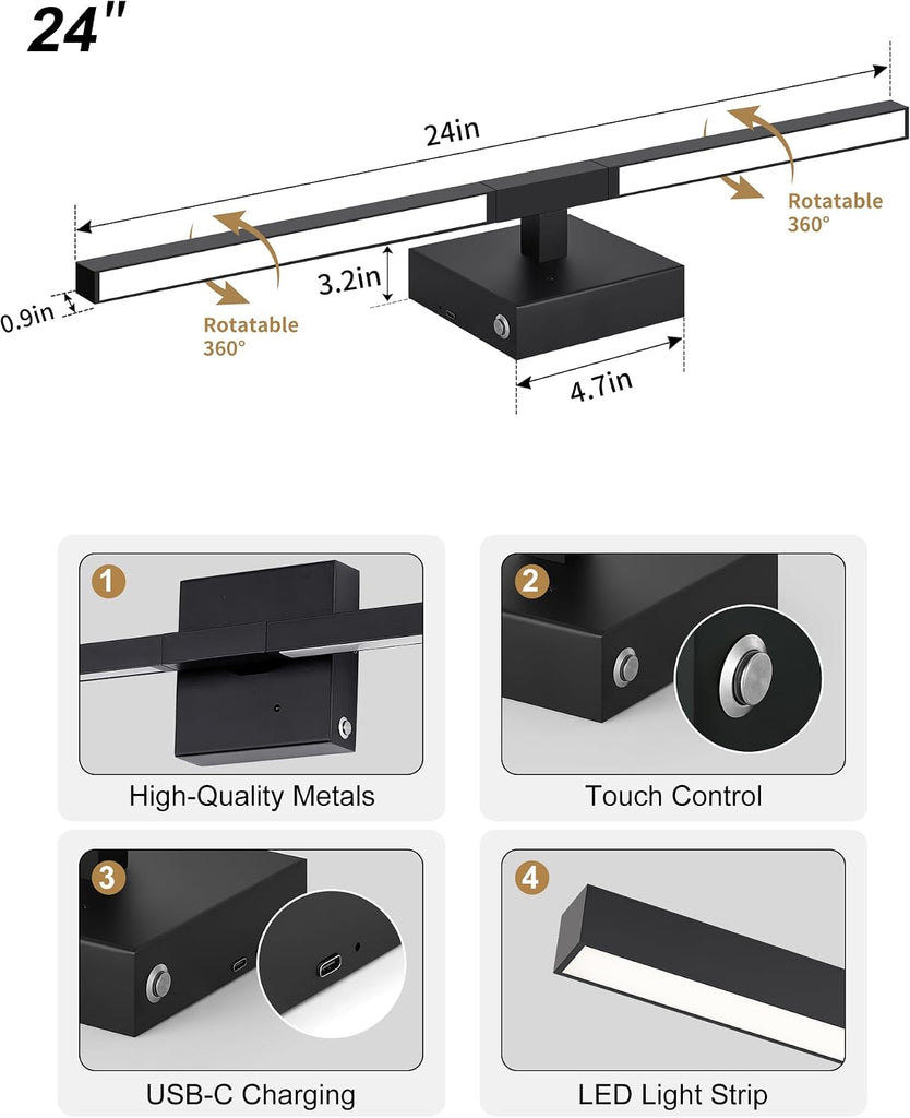 8000mAh Battery Operated Wall Sconce with Remote Control, 3000K-6000K Dimmable Black Wireless Rechargeable Wall