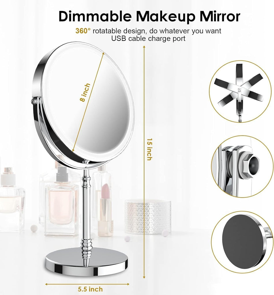 Makeup Mirror, 3000mAh Rechargeable Double-Sided Magnifying Vanity Mirror with 3 Colors, 1X/10X, Adjustable Brightness