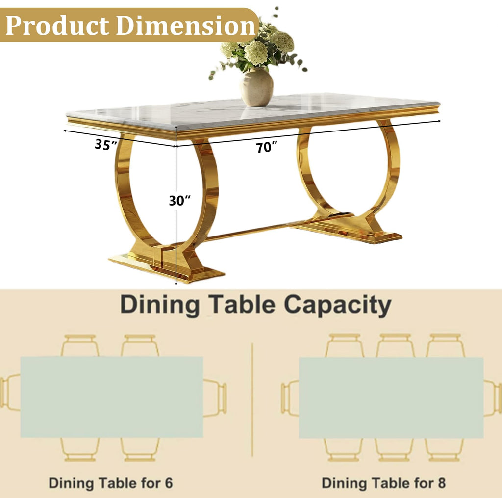 White and Gold Dining Table, Faux Marble Top, Metal Frame and U-Base