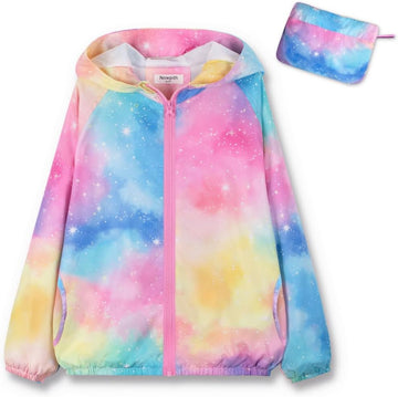 Girls Lightweight Hooded Jacket Kids Water-Resistant Windbreaker Printed Jacket