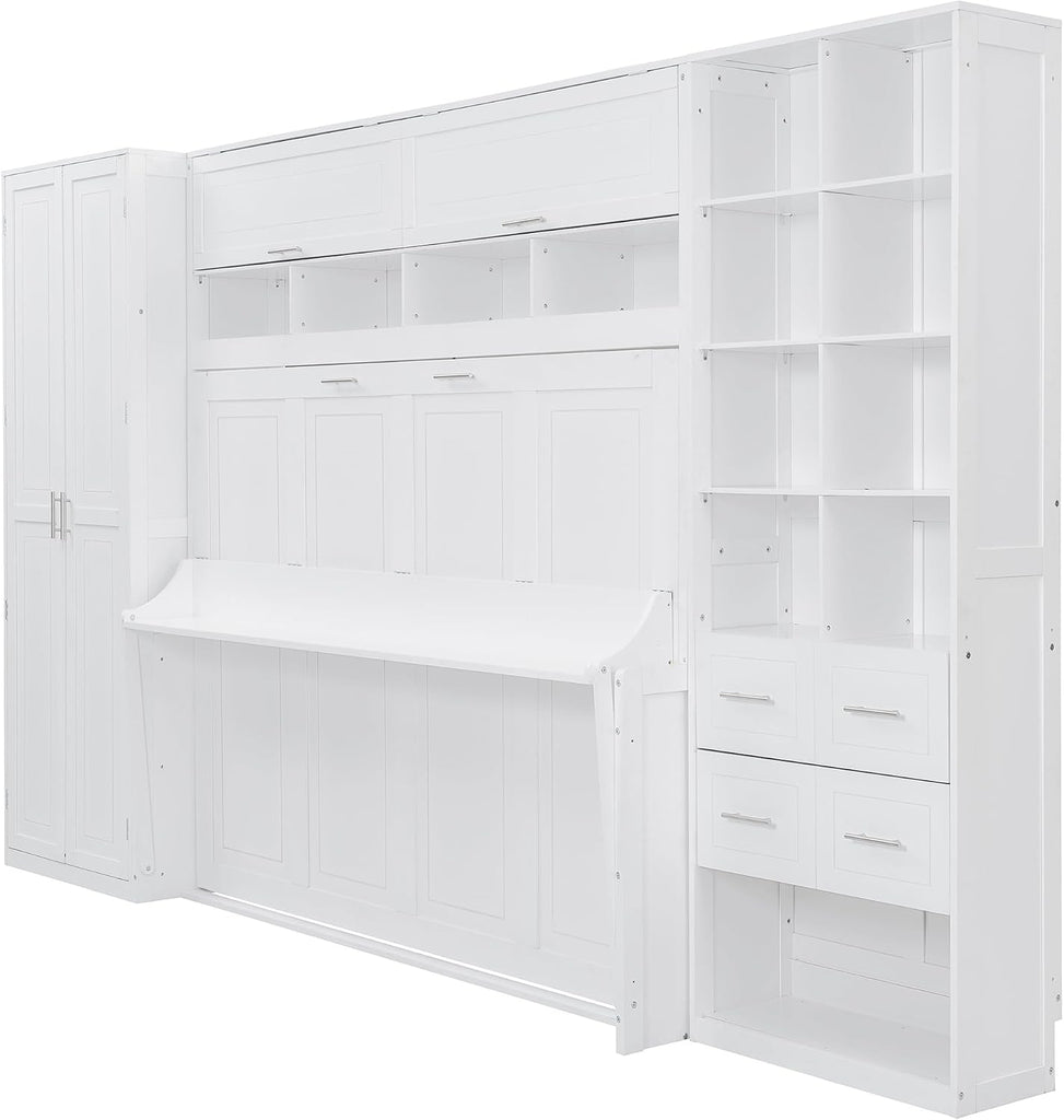 Queen Murphy Bed with Tall 90.6" Closet Wardrobe & Shelves & Drawers, All-in-One Multi-Storage Side Flip Wood MDF