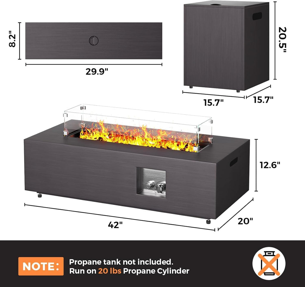 42in Fire Pit Table Propane Fire Pit 2 Piece Rectangular Gas Fire Pits 50,000 BTU with Wind Guard Propane Tank Cover Table