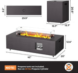 42in Fire Pit Table Propane Fire Pit 2 Piece Rectangular Gas Fire Pits 50,000 BTU with Wind Guard Propane Tank Cover Table