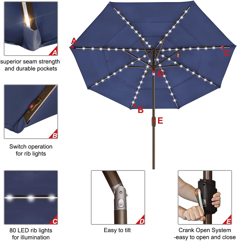 USA 10-Year-Non-Fading 9ft 3-Tier Market Patio Umbrella, Commercial Table Umbrella with 80 Solar LED Lights - Navy Blue
