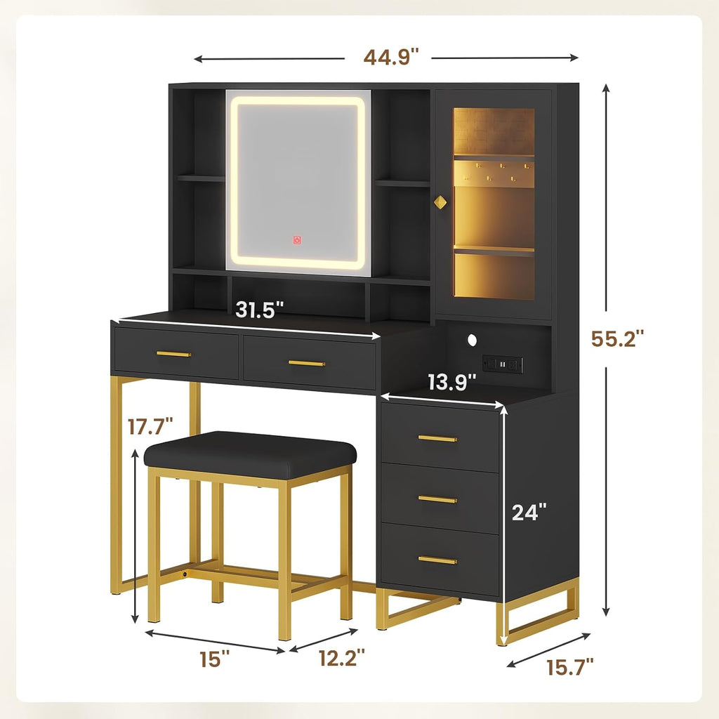 Makeup Vanity with Upholstered Stool & Charging Station, Vanity Desk with Mirror and Lights & Jewelry Storage, Vanity