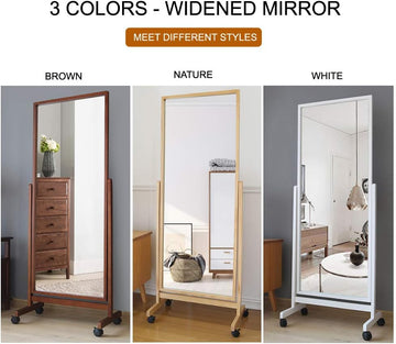 Swivel Full Length Mirror On Wheels 65"X22", Free Standing Wood Frame Cheval Floor Mirror for Dressing, Full Body with