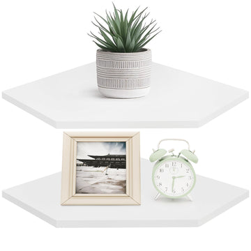 Corner Shelf Wall Mount, Set of 2 Corner Floating Shelves with Cord Hole for Speaker, Cable Box, 2 Tier Wood Hanging