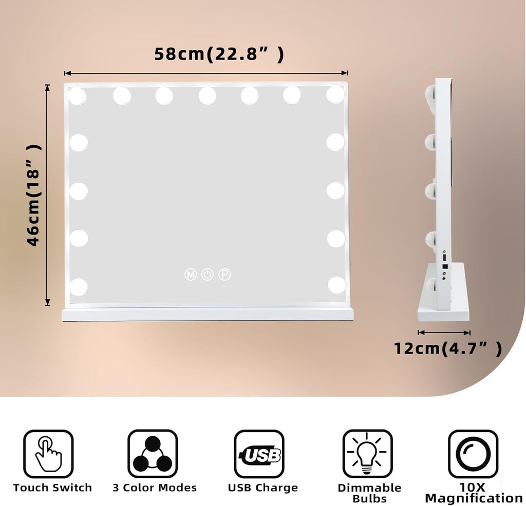 Vanity Mirror with Lights 22.8"x 18.1" Makeup Mirror with Lights and 15 Dimmable Bulbs,3 Colors Modes,Hollywood Mirror
