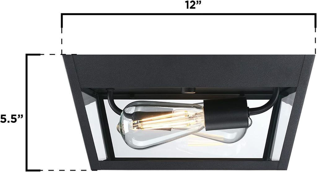 Peterson Transitional Two Light Flush Ceiling Fixture, Textured Black Finish, Clear Glass