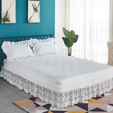 White Lace Bed Skirt for Ck Bed - 15in. Drop, Easy Fit Ruffle Bedskirt Wrap Around Bed Skirt, Anti Wrinkle &