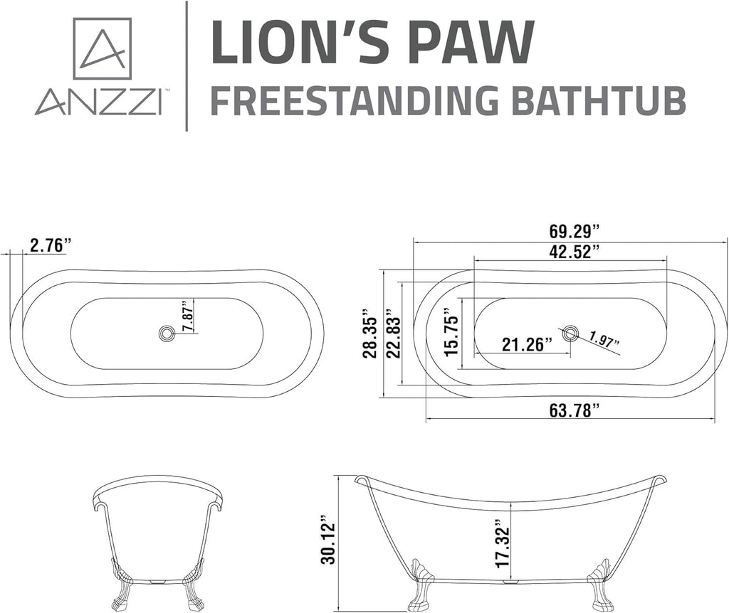 Clawfoot Series One Piece Belissima Double Slipper Acrylic Tub in White|69.29 in. L x 28.35 in. W x 30.12 in. H |