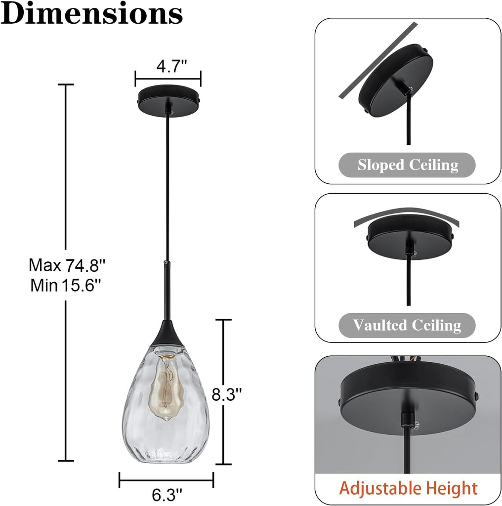 6.3" Glass Pendant Lights Kitchen Island,Modern Black Pendant Lights with Clear Water Ripple Glass Shade,1-Light