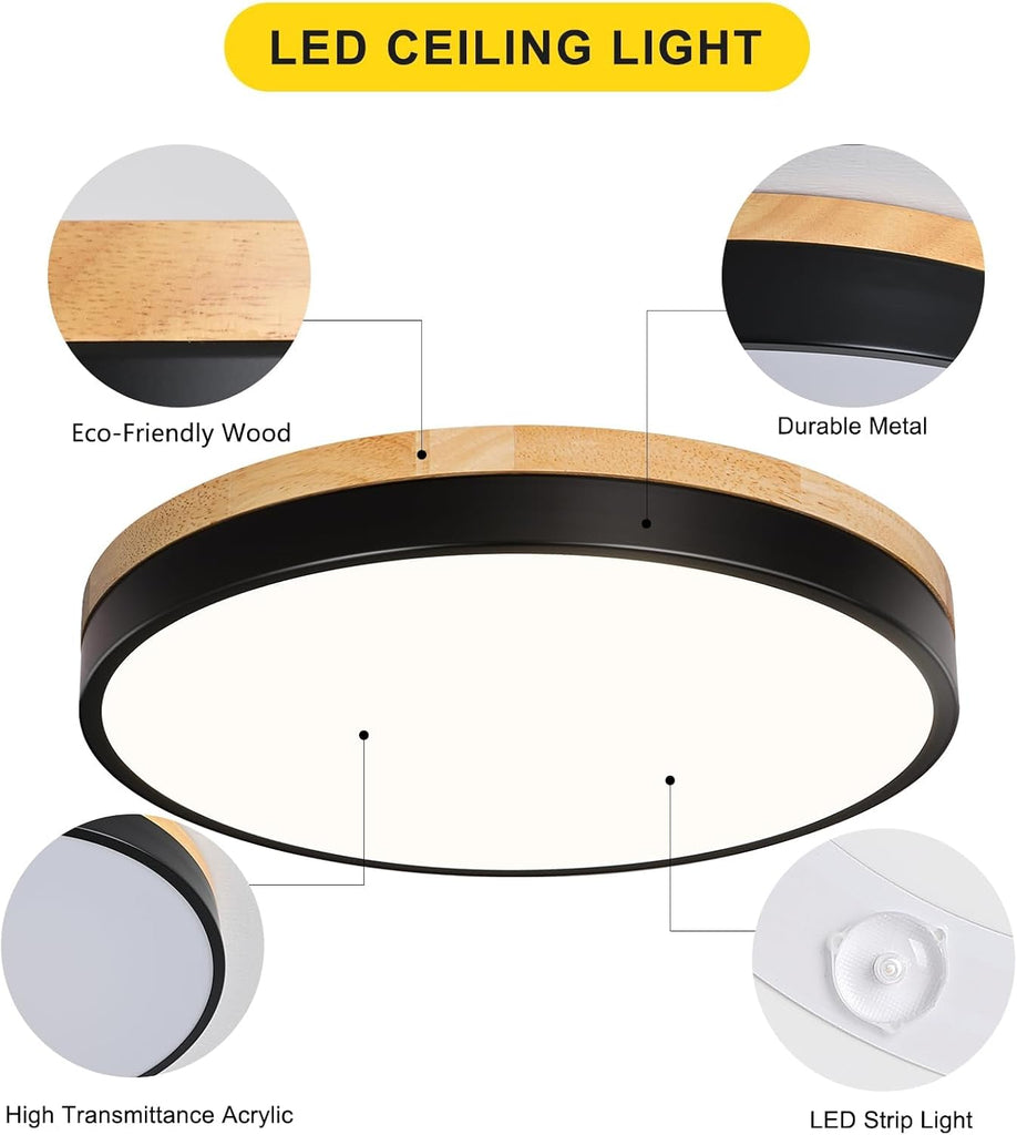 Modern Wood Black Flush Mount Ceiling Light, 11.81" Round LED Low Profile Close to Ceiling Fixture Bedroom Bathroom
