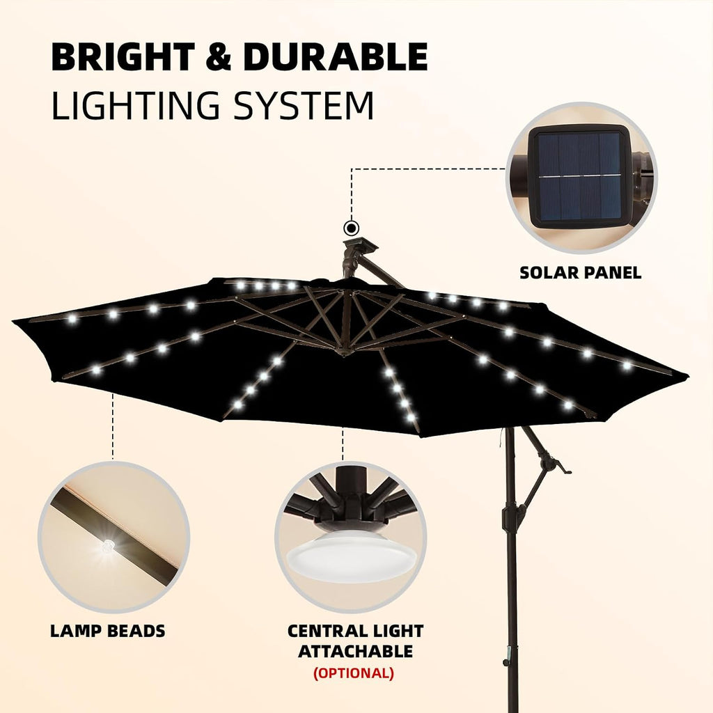 10ft Solar LED Offset Patio Umbrella, Outdoor Cantilever Patio Umbrellas with Solar Lights and Garden