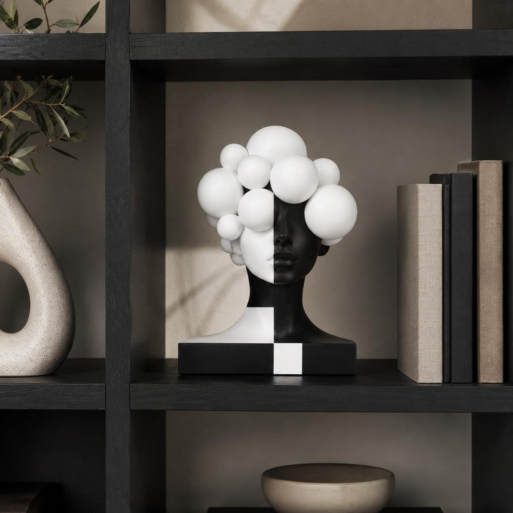 Checkered Modern Abstract Bust Statue Decor, Black and White Art Face Sculpture,Large Resin Woman Head Figurine