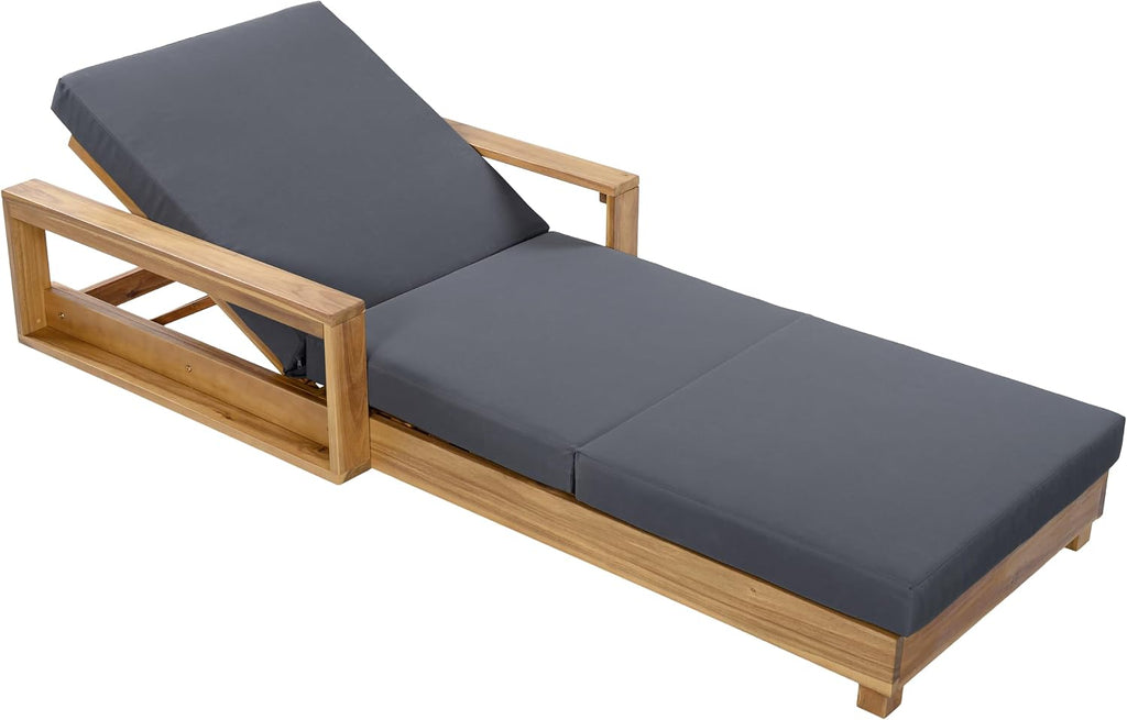 Wood Chaise Lounge with 4 Triple-Fold Cushion, Dark Gray | Outdoor Chaise Lounge, Acacia Wood Patio Recliner With 4