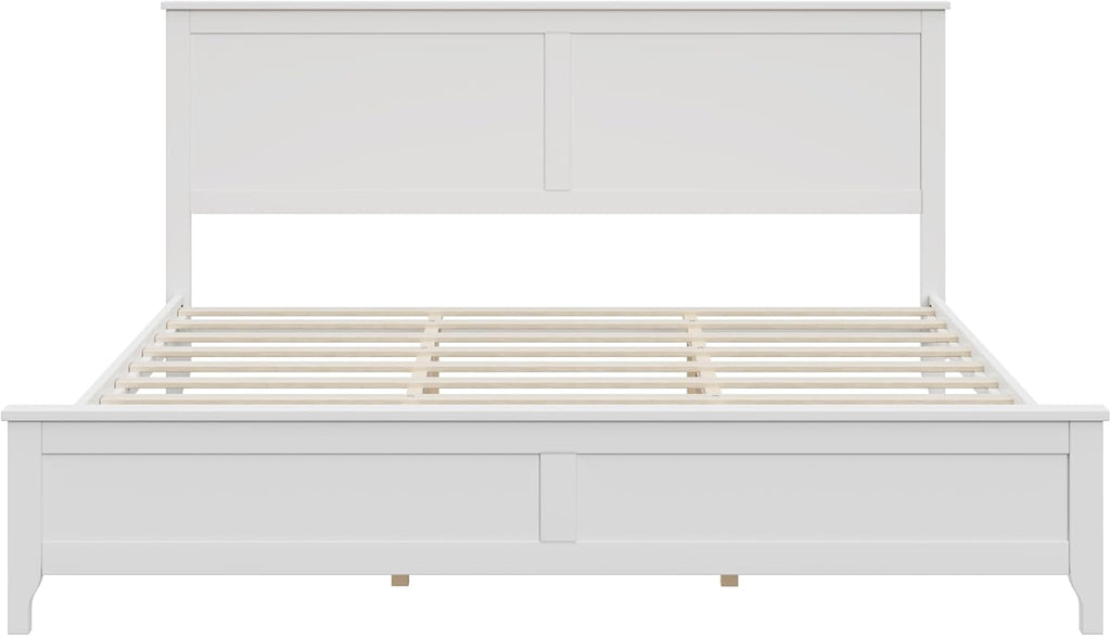 Modern Farmhouse Platform King Bed Frame, Solid Wood Platform Bed Frame with Headboard, Sturdy Wooden Foundation with Wood Slats for Living Room, Rustic Pine - White
