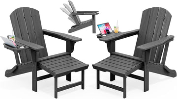 Folding Adjustable Adirondack Chair with Ottoman & 2 Cup Holders Set of 2, HDPE Adirondack Recliner Chair with