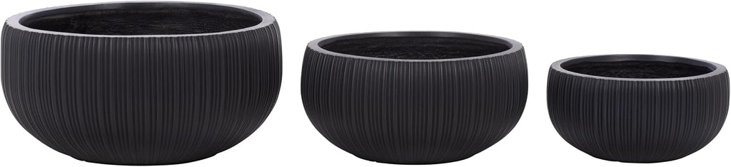 Outdoor Patio Furniture Collection - Anita Black Planter Pot Set of 3, Fiber Clay Decorative Planters, Ribbed Bowl