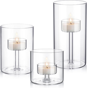3 Set Hurricane Glass Candle Holders Pillar Votive Hand Blown Clear Cylinder Vase Modern Rustic Table Centerpieces