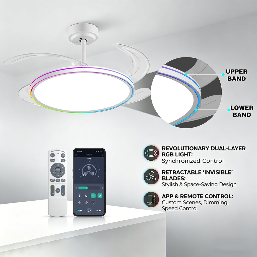 RGB Retractable Ceiling Fan with Light, APP/Remote Control