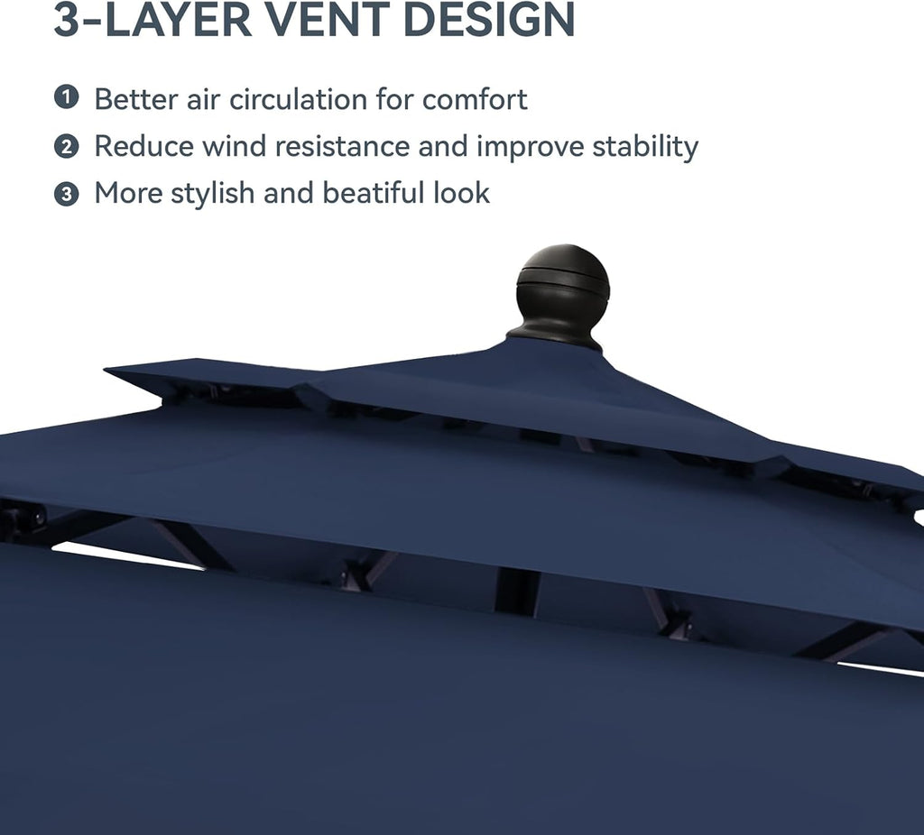 10ft Outdoor Patio Umbrella, [Auto-Tilting] 3 Tiers Market Table Umbrellas with 1.5" Pole, 8 Sturdy Ribs