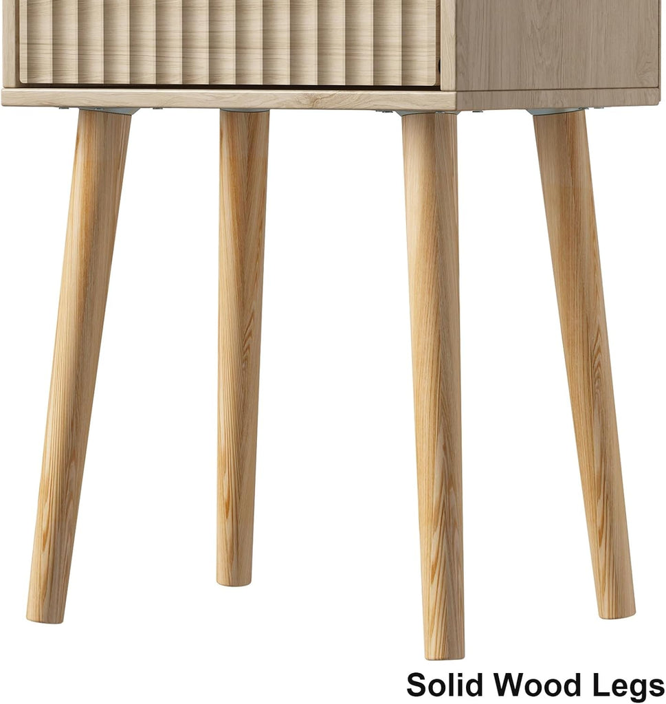 Nightstands Set of 2, Small Side Table, Bedside Table with Fluted Door, Solid Wood Feet; Modern Mid-Century End Table