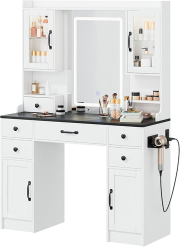 Vanity Desk with LED Lights Mirror & Power Outlet, Makeup Vanity Table Set with 3 Lights Modes, Dressing Table for